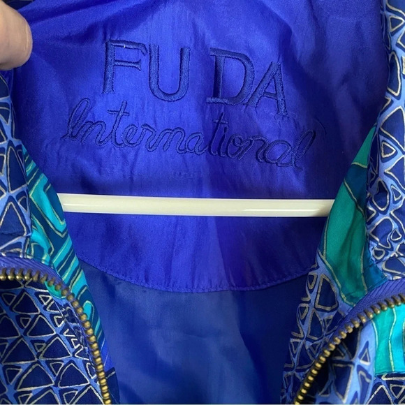 Vintage 80s 90s Silk Windbreaker Jacket Womens Medium Geometric Turquoise Blue - Picture 8 of 13